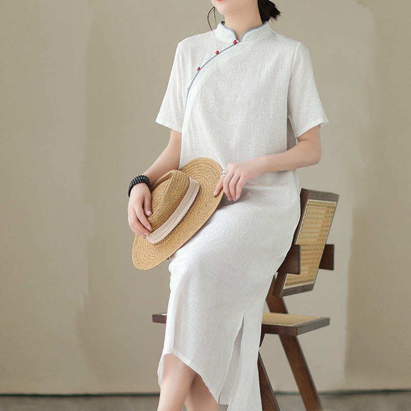 Buddha Stones Jacquard Solid Color Cotton Linen Short Sleeve Cheongsam Qipao Midi Dress With Pockets - image 18