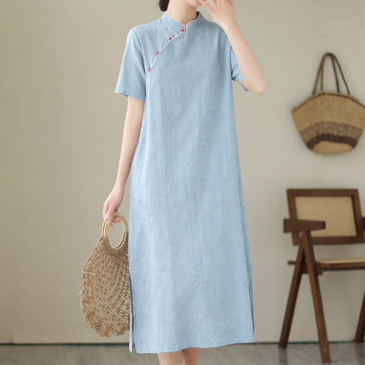 Buddha Stones Jacquard Solid Color Cotton Linen Short Sleeve Cheongsam Qipao Midi Dress With Pockets - LightSkyBlue - US8-10,UK/AU12-14,EU40-42 (2XL) - image 0