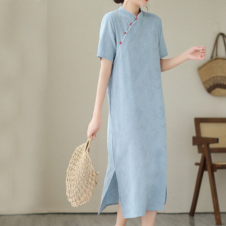 Buddha Stones Jacquard Solid Color Cotton Linen Short Sleeve Cheongsam Qipao Midi Dress With Pockets - image 3