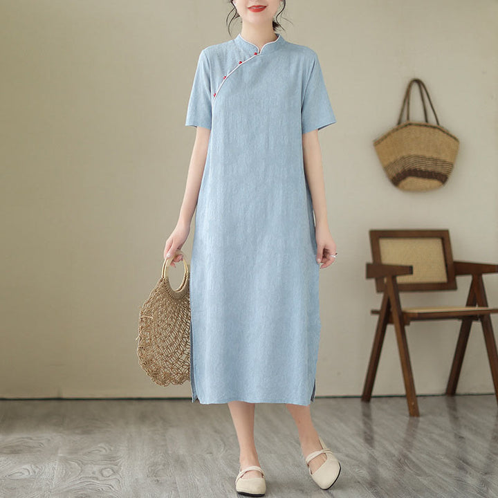 Buddha Stones Jacquard Solid Color Cotton Linen Short Sleeve Cheongsam Qipao Midi Dress With Pockets - image 1
