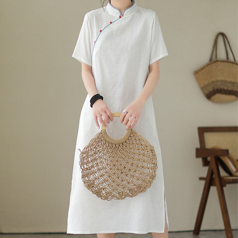 Buddha Stones Jacquard Solid Color Cotton Linen Short Sleeve Cheongsam Qipao Midi Dress With Pockets - image 14