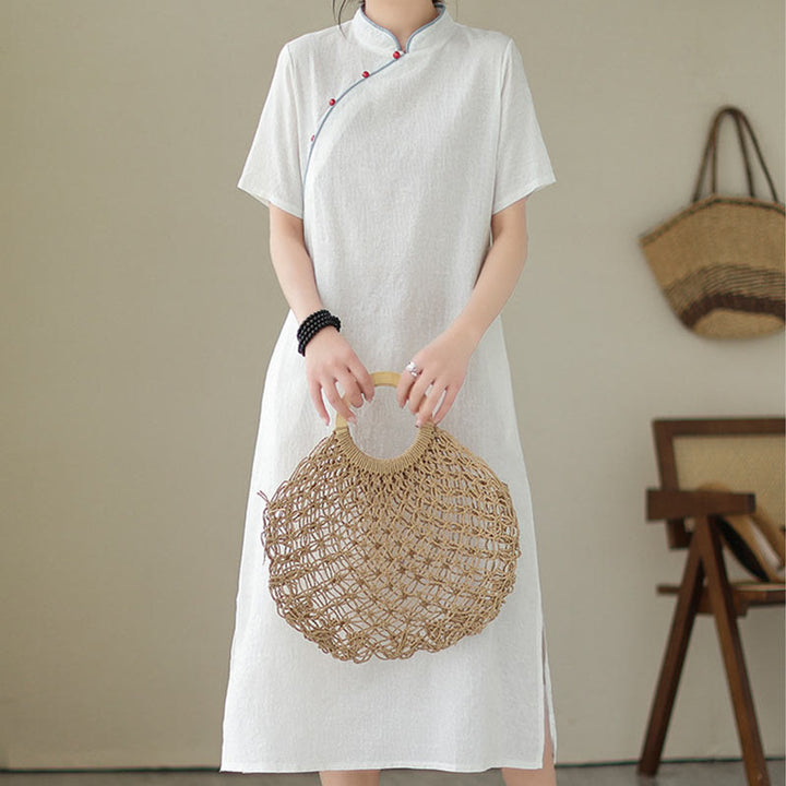 Buddha Stones Jacquard Solid Color Cotton Linen Short Sleeve Cheongsam Qipao Midi Dress With Pockets - image 14