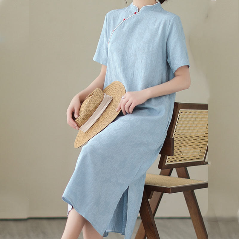 Buddha Stones Jacquard Solid Color Cotton Linen Short Sleeve Cheongsam Qipao Midi Dress With Pockets - image 5