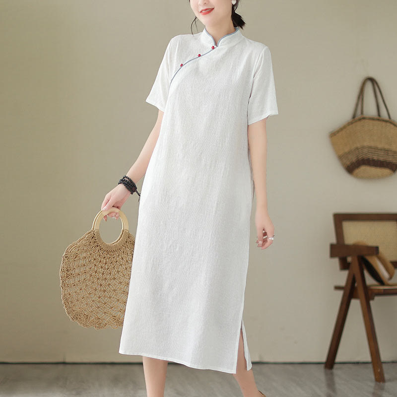 Buddha Stones Jacquard Solid Color Cotton Linen Short Sleeve Cheongsam Qipao Midi Dress With Pockets - image 16