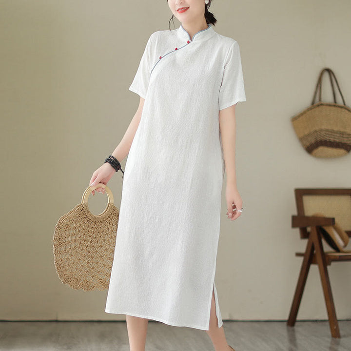 Buddha Stones Jacquard Solid Color Cotton Linen Short Sleeve Cheongsam Qipao Midi Dress With Pockets - image 16