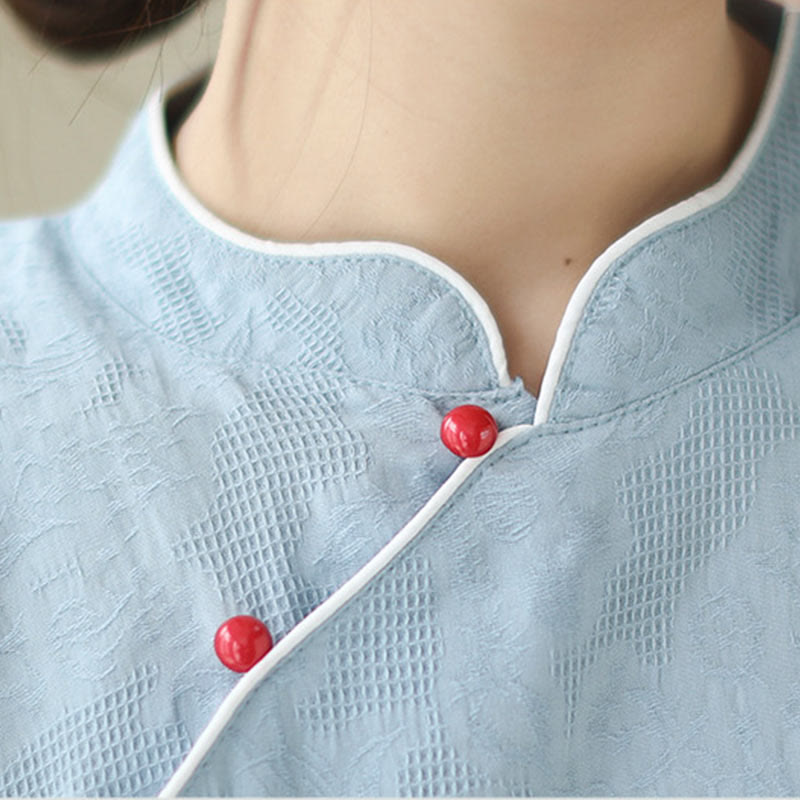 Buddha Stones Jacquard Solid Color Cotton Linen Short Sleeve Cheongsam Qipao Midi Dress With Pockets - image 6