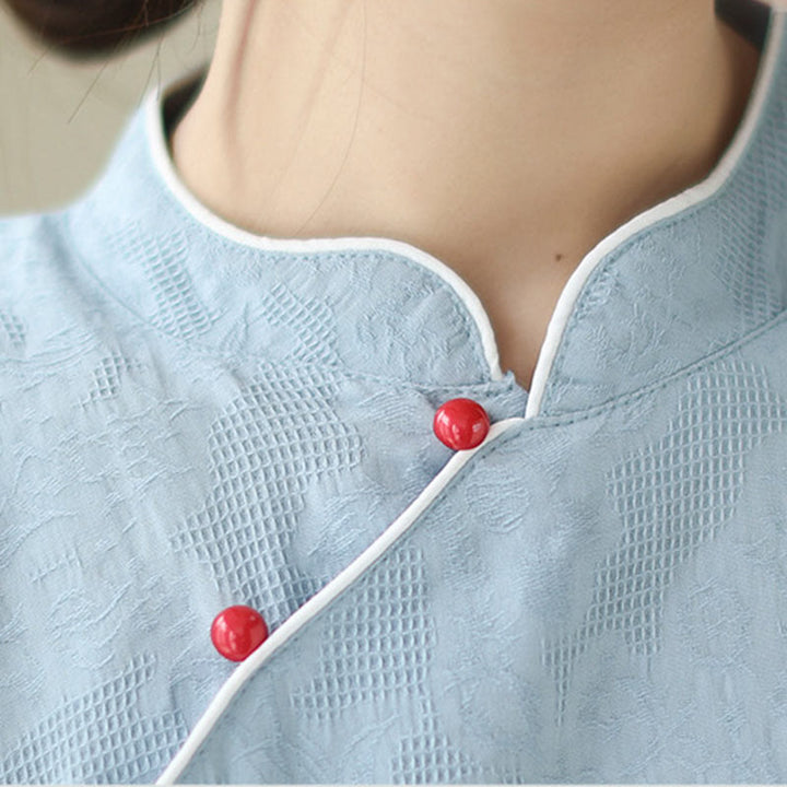 Buddha Stones Jacquard Solid Color Cotton Linen Short Sleeve Cheongsam Qipao Midi Dress With Pockets - image 6