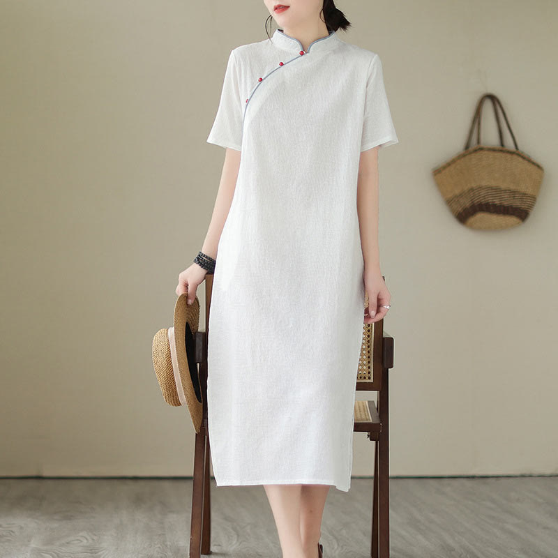 Buddha Stones Jacquard Solid Color Cotton Linen Short Sleeve Cheongsam Qipao Midi Dress With Pockets - image 17
