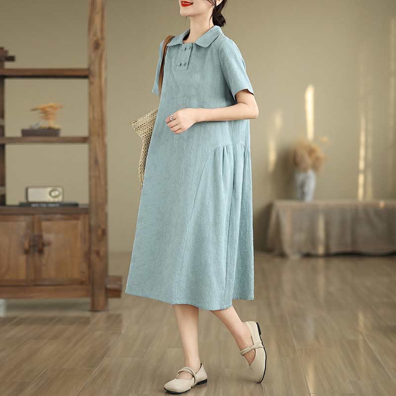 Buddha Stones Plain Jacquard Lapel Cotton Linen Short Sleeve Midi Dress With Pockets - PaleTurquoise - US8-10,UK/AU12-14,EU40-42 (2XL) - image 21