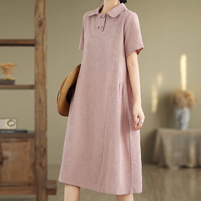 Buddha Stones Plain Jacquard Lapel Cotton Linen Short Sleeve Midi Dress With Pockets - image 28