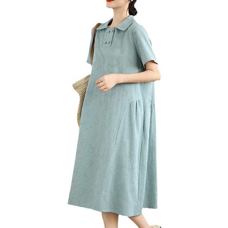 Buddha Stones Plain Jacquard Lapel Cotton Linen Short Sleeve Midi Dress With Pockets - image 26