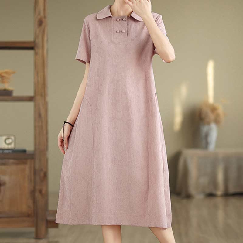 Buddha Stones Plain Jacquard Lapel Cotton Linen Short Sleeve Midi Dress With Pockets - image 31