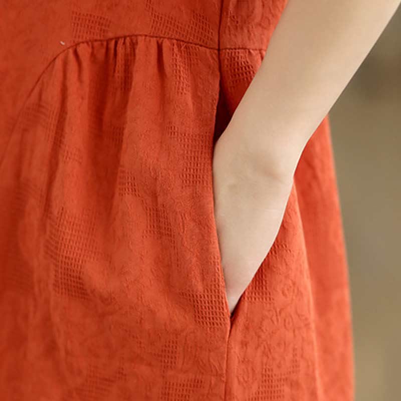 Buddha Stones Plain Jacquard Lapel Cotton Linen Short Sleeve Midi Dress With Pockets - image 17