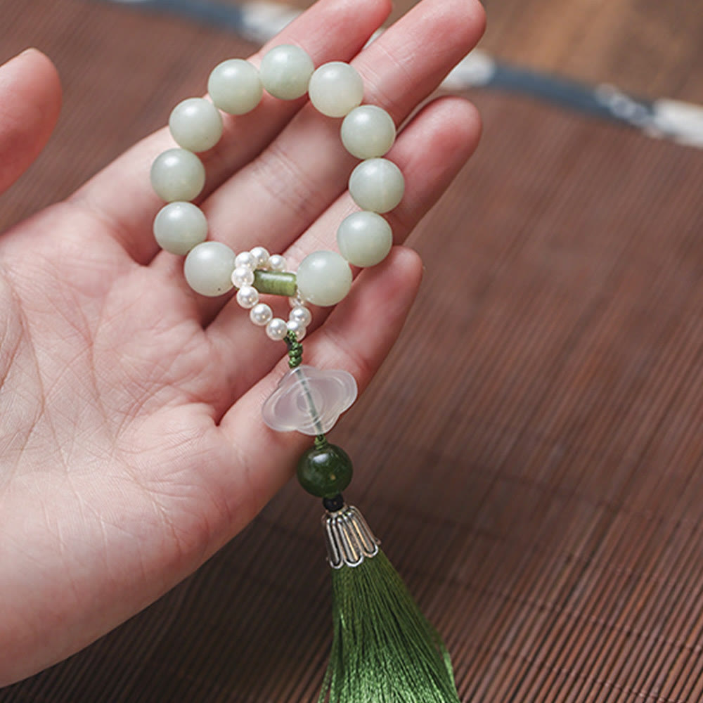 Buddha Stones Green Jade Beads Pearl Prosperity Tassels Wrist Mala - image 2