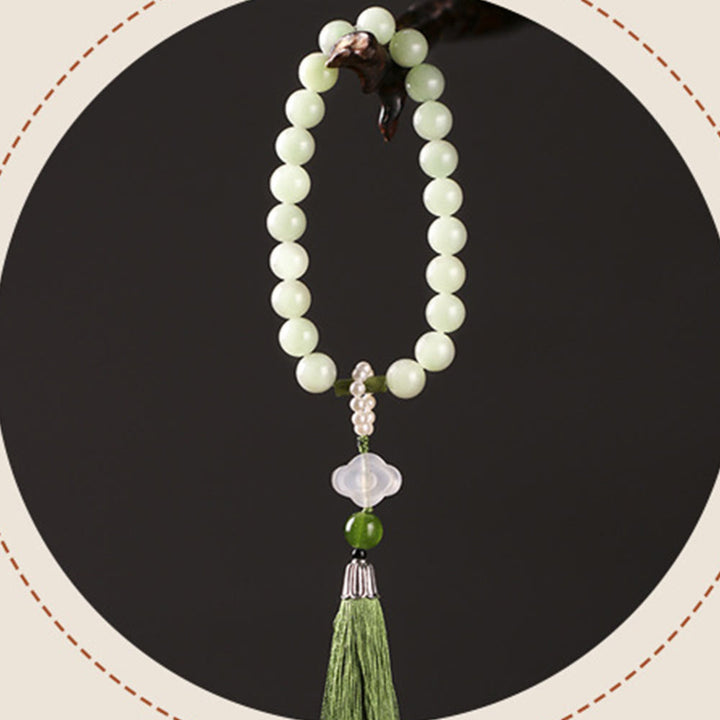 Buddha Stones Green Jade Beads Pearl Prosperity Tassels Wrist Mala - image 13