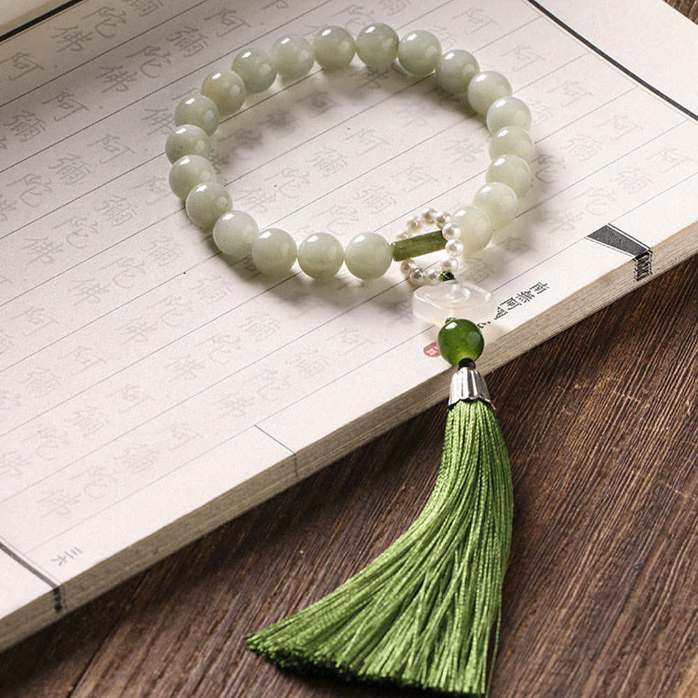 Buddha Stones Green Jade Beads Pearl Prosperity Tassels Wrist Mala - About 21 Jade Beads - image 6
