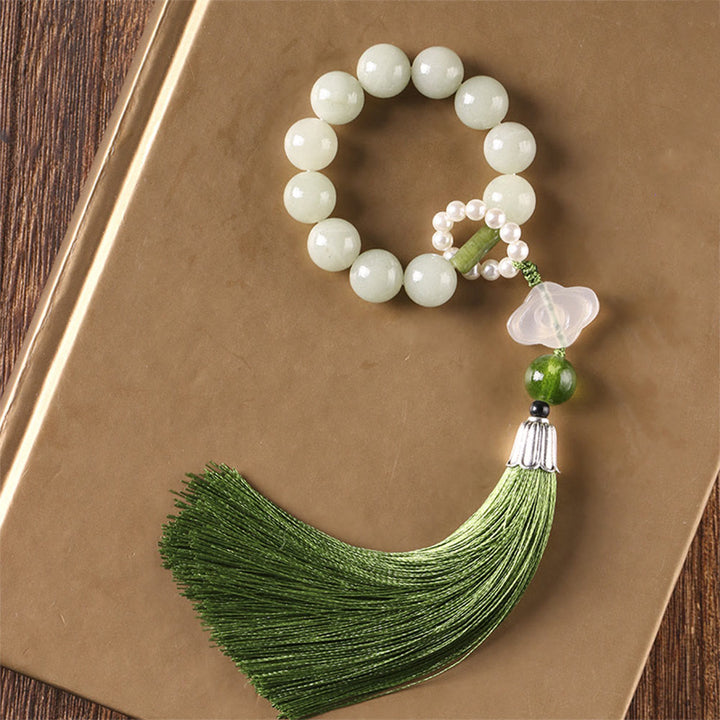 Buddha Stones Green Jade Beads Pearl Prosperity Tassels Wrist Mala - About 11 Jade Beads - image 0