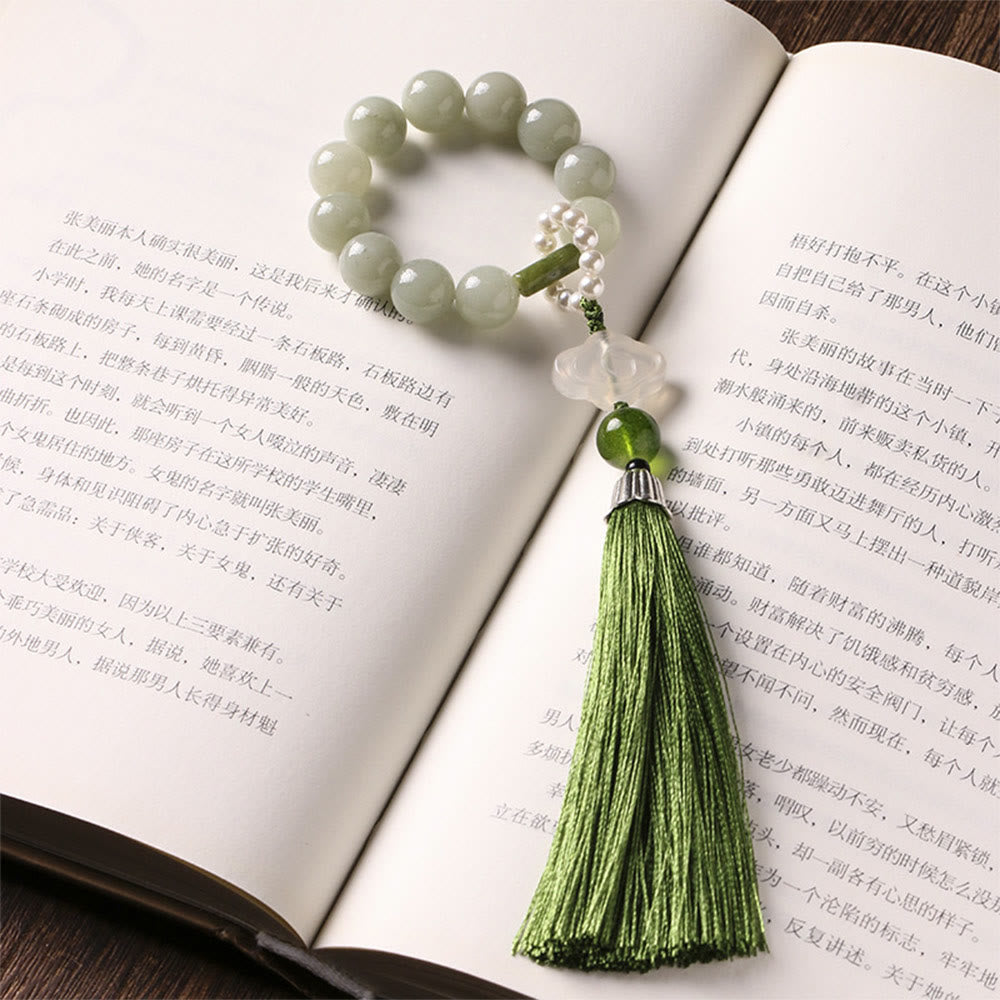 Buddha Stones Green Jade Beads Pearl Prosperity Tassels Wrist Mala - image 1