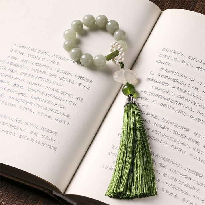 Buddha Stones Green Jade Beads Pearl Prosperity Tassels Wrist Mala - image 1