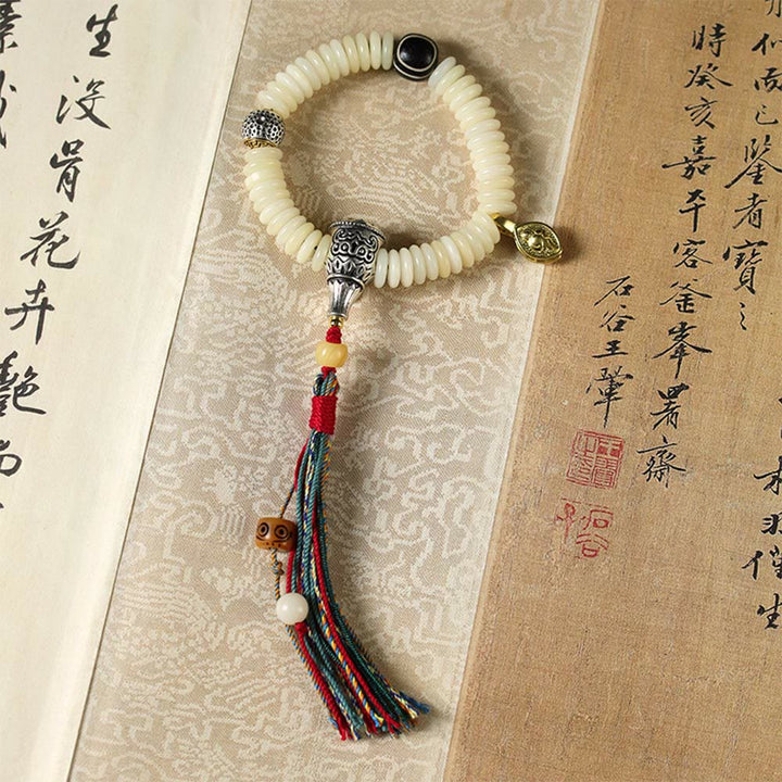 Buddha Stones Natural White Bodhi Seed Stone Wisdom Tassel Wrist Mala Bracelet - image 9