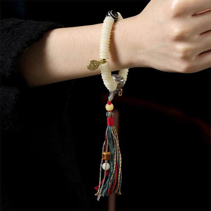 Buddha Stones Natural White Bodhi Seed Stone Wisdom Tassel Wrist Mala Bracelet - image 10