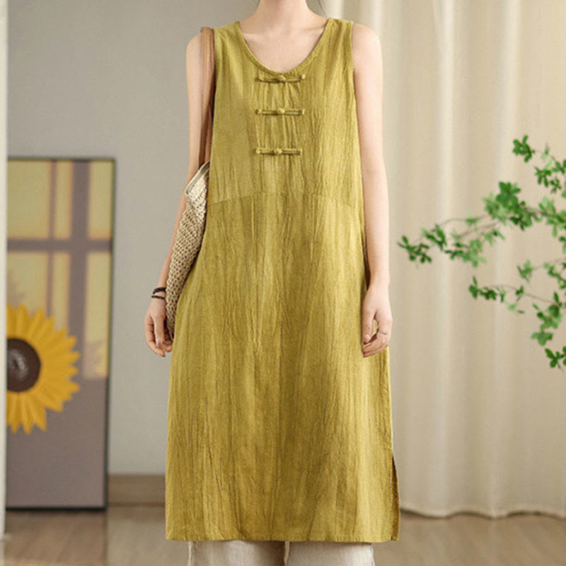 Buddha Stones Tie Dye Chinese Frog-Button Ramie Linen Sleeveless Midi Dress With Pockets - Gold - US8-10,UK/AU12-14,EU40-42 (2XL) - image 5