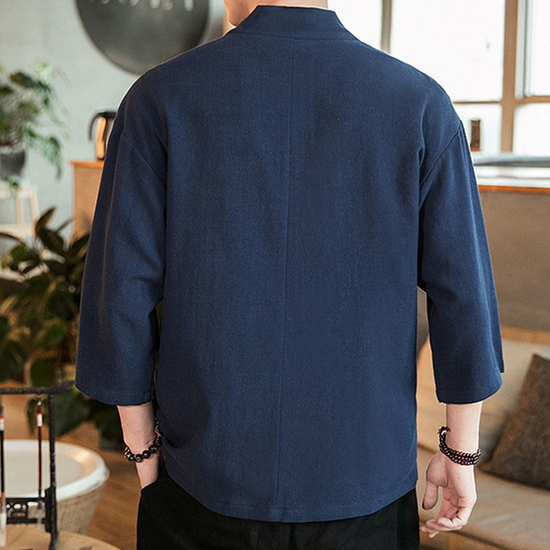 Buddha Stones Plain Chinese Frog-Button Jacket Cotton Linen Men's Three Quarter Sleeve Kimono - image 3