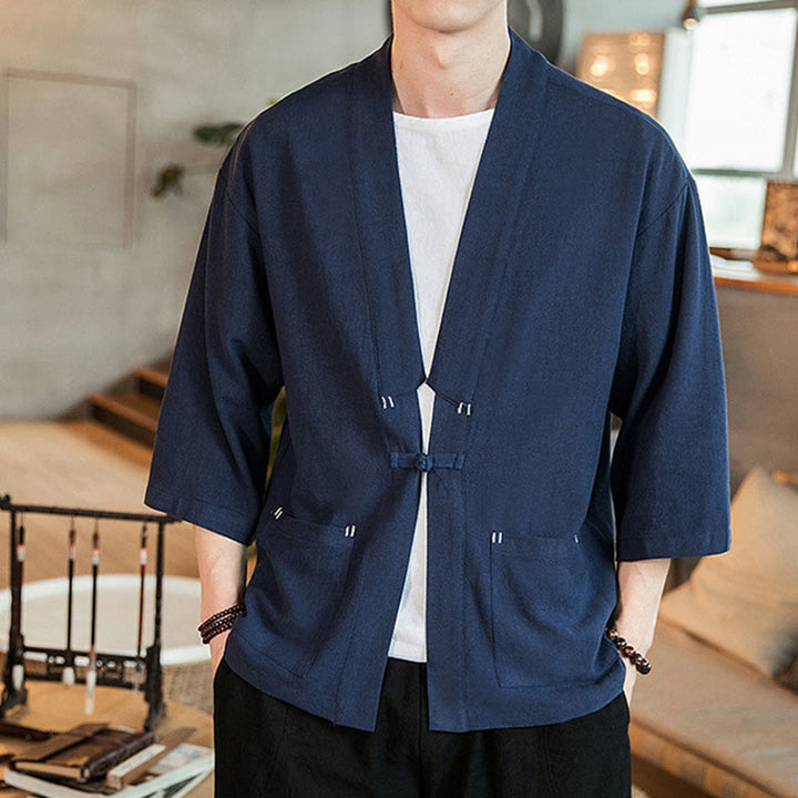 Buddha Stones Plain Chinese Frog-Button Jacket Cotton Linen Men's Three Quarter Sleeve Kimono - Navy - US/UK/AU46,EU56 (5XL) - image 0