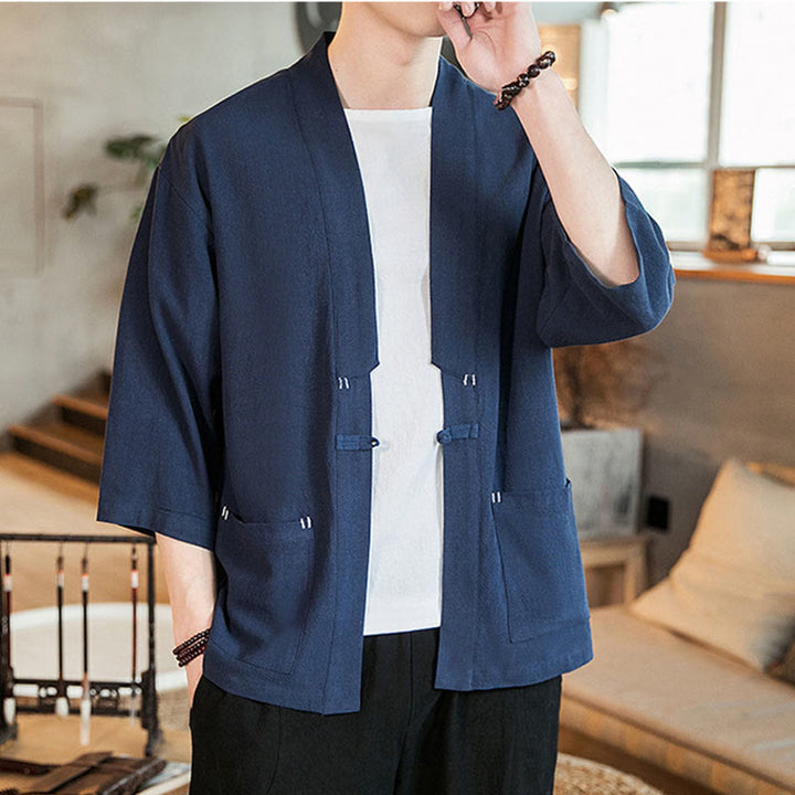 Buddha Stones Plain Chinese Frog-Button Jacket Cotton Linen Men's Three Quarter Sleeve Kimono - image 4