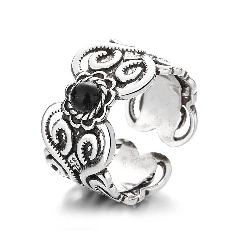 Buddha Stones Black Onyx Copper Mongolian Pattern Adjustable Fortune Ring - image 4