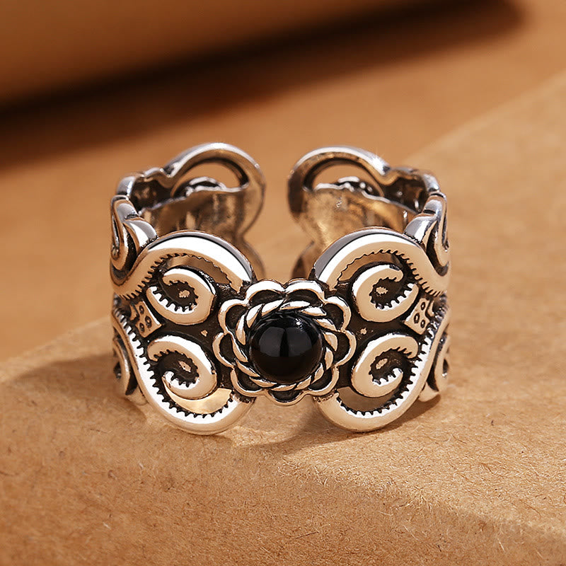 Buddha Stones Black Onyx Copper Mongolian Pattern Adjustable Fortune Ring - Black Onyx(Protection♥Fortune)(Inner Diameter 14mm) - image 0