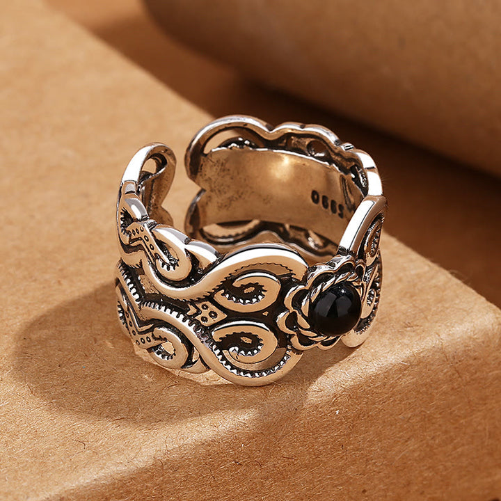 Buddha Stones Black Onyx Copper Mongolian Pattern Adjustable Fortune Ring - image 2