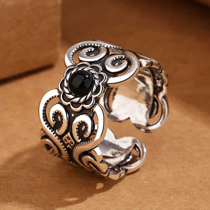 Buddha Stones Black Onyx Copper Mongolian Pattern Adjustable Fortune Ring - image 1