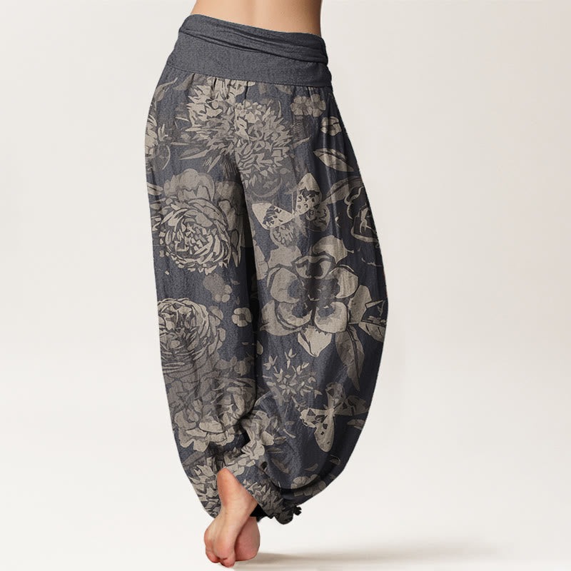 Buddha Stones Pure Cotton Casual Peony Flowers Leaves Women's Elastic Waist Harem Pants - image 1