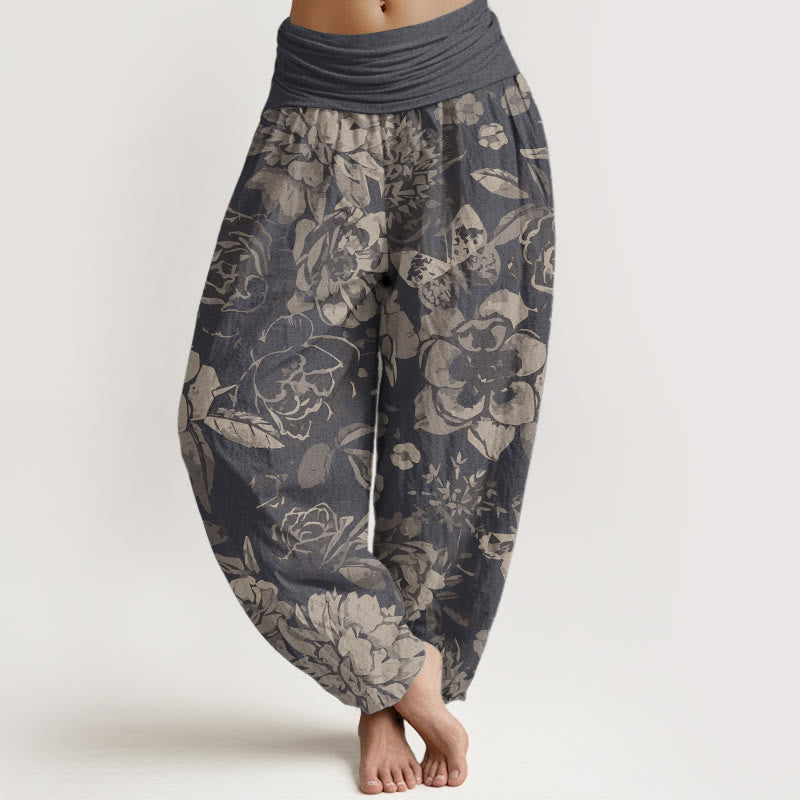Buddha Stones Pure Cotton Casual Peony Flowers Leaves Women's Elastic Waist Harem Pants - DarkGray - US22,UK/AU26,EU54 (6XL) - image 0