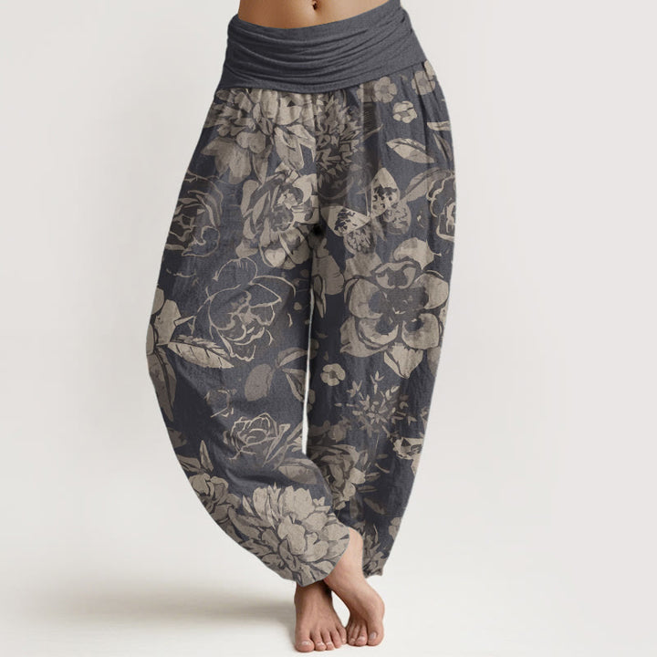 Buddha Stones Pure Cotton Casual Peony Flowers Leaves Women's Elastic Waist Harem Pants - DarkGray - US22,UK/AU26,EU54 (6XL) - image 0