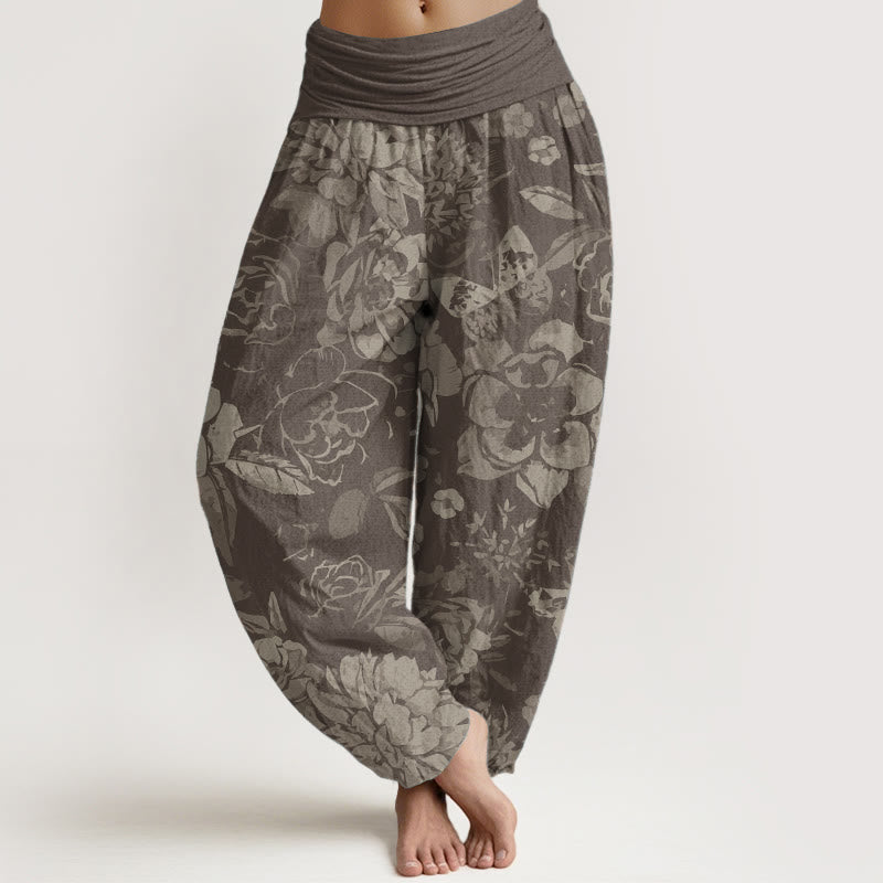 Buddha Stones Pure Cotton Casual Peony Flowers Leaves Women's Elastic Waist Harem Pants - DarkKhaki - US22,UK/AU26,EU54 (6XL) - image 5