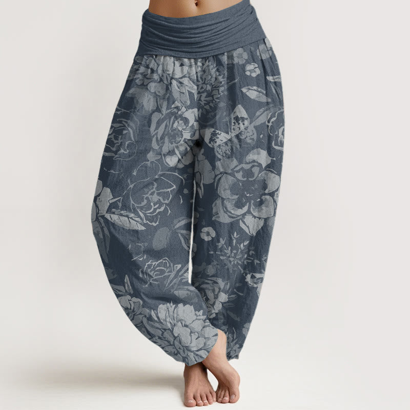 Buddha Stones Pure Cotton Casual Peony Flowers Leaves Women's Elastic Waist Harem Pants - SteelBlue - US22,UK/AU26,EU54 (6XL) - image 8