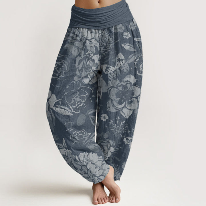 Buddha Stones Pure Cotton Casual Peony Flowers Leaves Women's Elastic Waist Harem Pants - SteelBlue - US22,UK/AU26,EU54 (6XL) - image 8