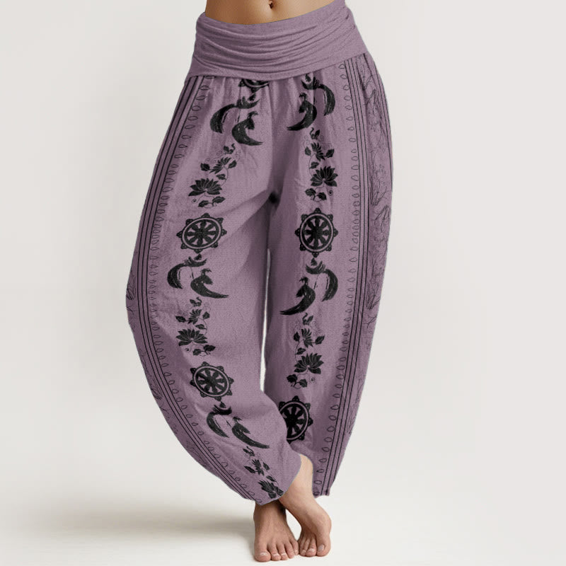 Buddha Stones Pure Cotton Dharma Wheel Lotus OM Pattern Women's Elastic Waist Harem Pants - Violet - US22,UK/AU26,EU54 (6XL) - image 8
