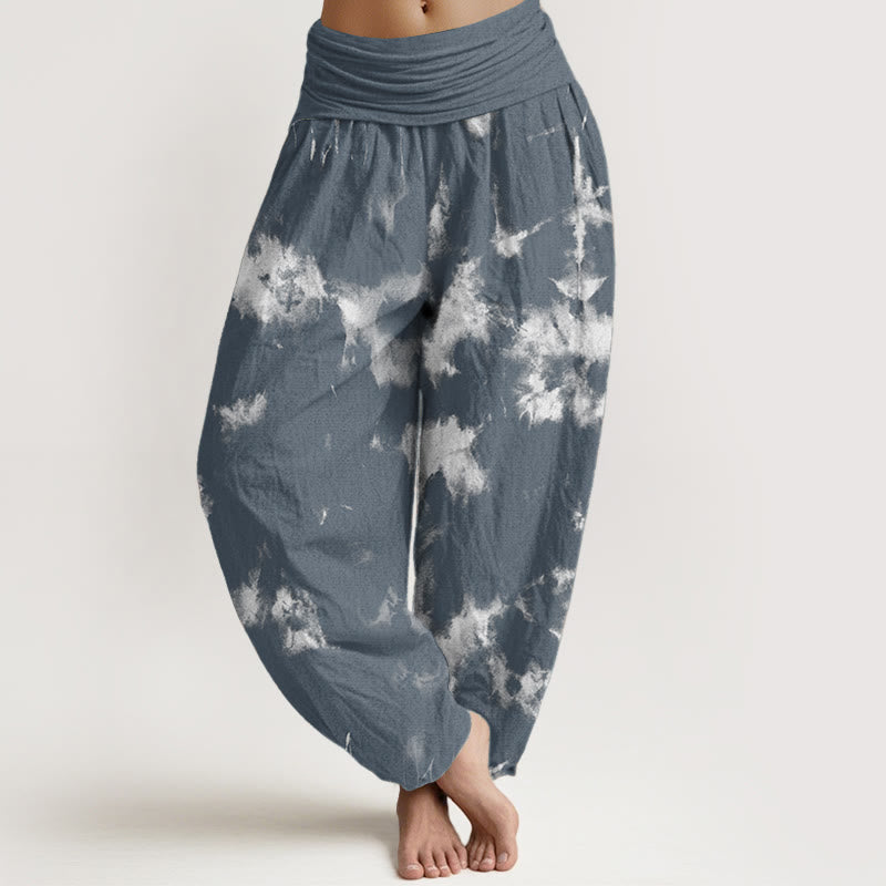 Buddha Stones Pure Cotton White Lines Spots Tie-Dye Pattern Women's Elastic Waist Harem Pants - CadetBlue - US22,UK/AU26,EU54 (6XL) - image 5
