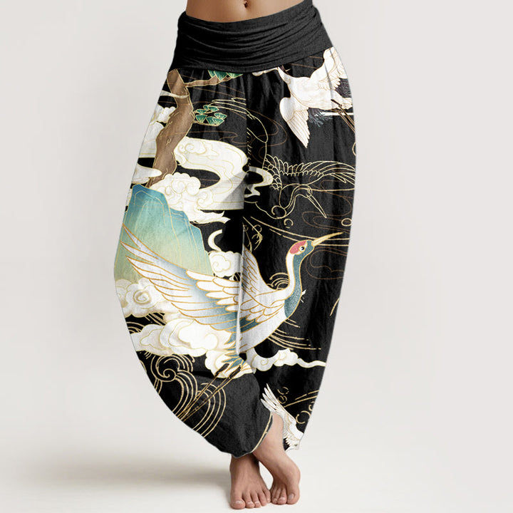 Buddha Stones Pure Cotton Flying Cranes Auspicious Clouds Tree women's Elastic Waist Harem Pants - Black - US22,UK/AU26,EU54 (6XL) - image 0