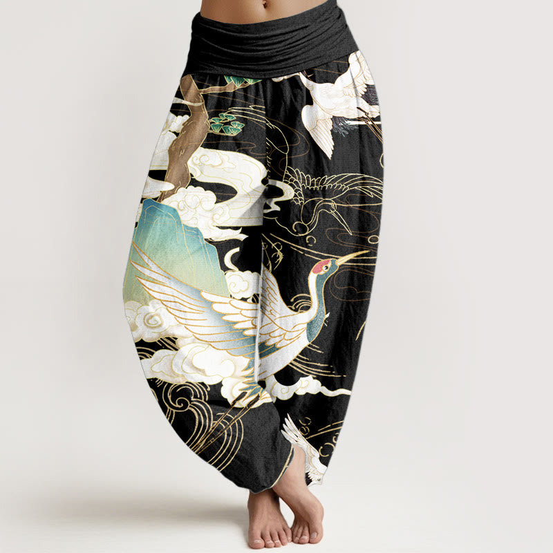 Buddha Stones Pure Cotton Flying Cranes Auspicious Clouds Tree women's Elastic Waist Harem Pants - Black - US22,UK/AU26,EU54 (6XL) - image 0