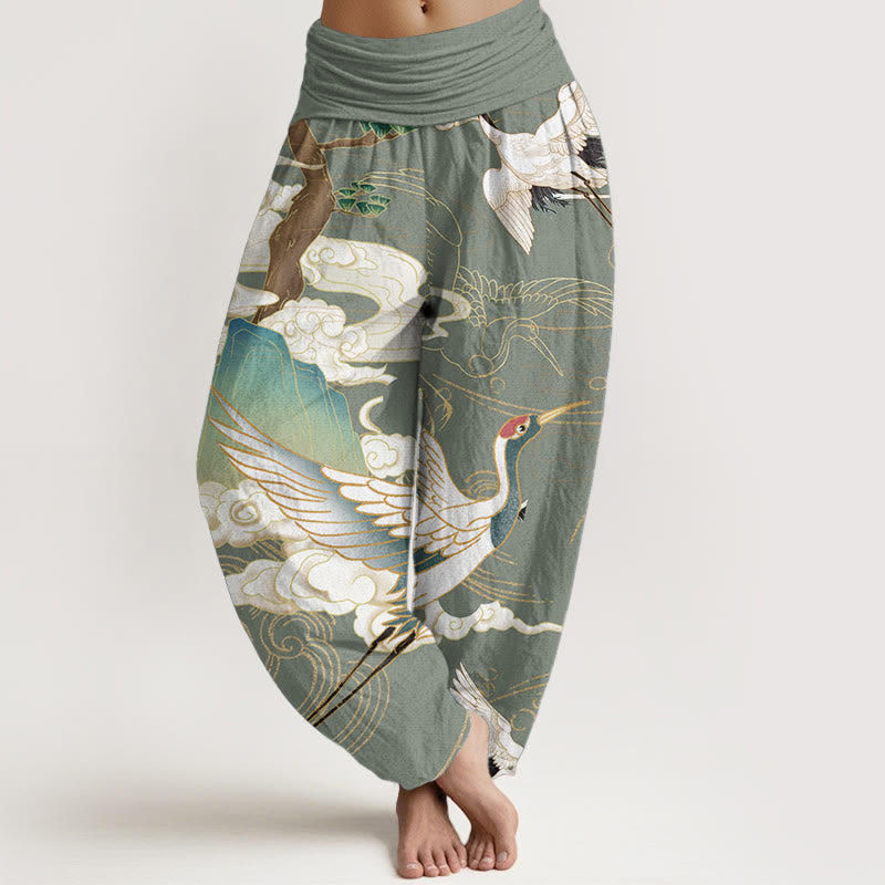 Buddha Stones Pure Cotton Flying Cranes Auspicious Clouds Tree women's Elastic Waist Harem Pants - DarkSeaGreen - US22,UK/AU26,EU54 (6XL) - image 5