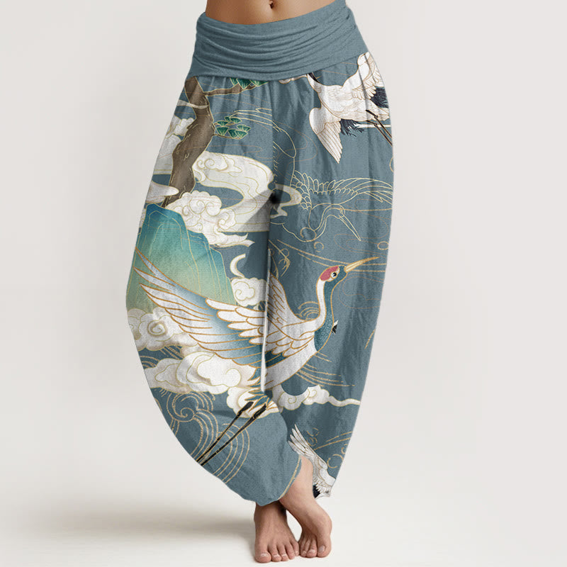 Buddha Stones Pure Cotton Flying Cranes Auspicious Clouds Tree women's Elastic Waist Harem Pants - PowderBlue - US22,UK/AU26,EU54 (6XL) - image 8