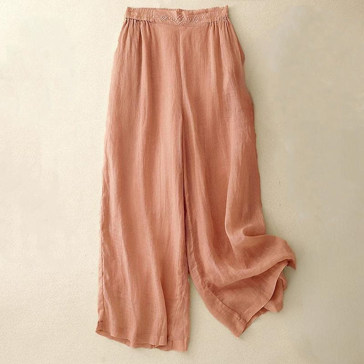 Buddha Stones Geometric Embroidery Elastic Waist Women's Cotton Linen Wide Leg Pants With Pockets - LightSalmon - US8-10,UK/AU12-14,EU40-42 (2XL) - image 0