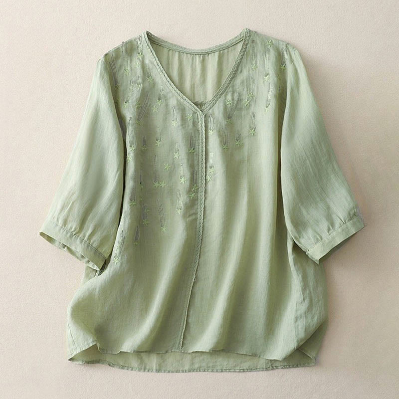 Buddha Stones Casual Shooting Star Embroidery V-Neck Half Sleeve Cotton Linen Women's Shirt - LightGreen - US8-10,UK/AU12-14,EU40-42 (2XL) - image 9