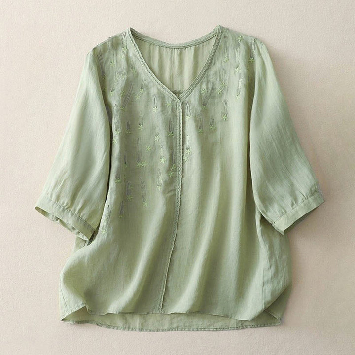 Buddha Stones Casual Shooting Star Embroidery V-Neck Half Sleeve Cotton Linen Women's Shirt - LightGreen - US8-10,UK/AU12-14,EU40-42 (2XL) - image 9