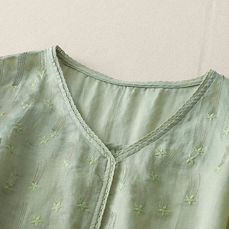 Buddha Stones Casual Shooting Star Embroidery V-Neck Half Sleeve Cotton Linen Women's Shirt - image 10