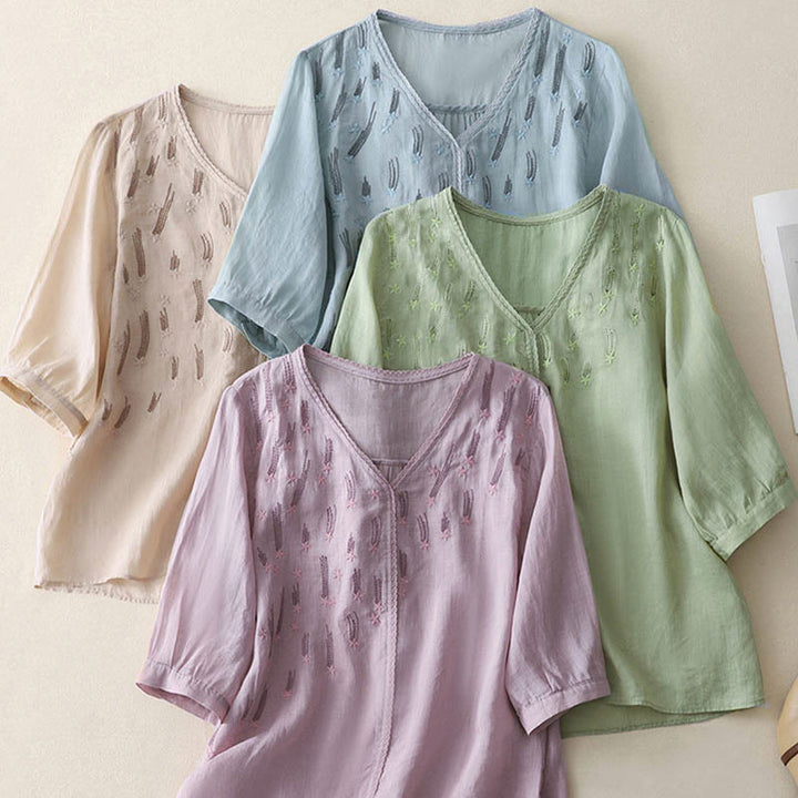 Buddha Stones Casual Shooting Star Embroidery V-Neck Half Sleeve Cotton Linen Women's Shirt - image 24